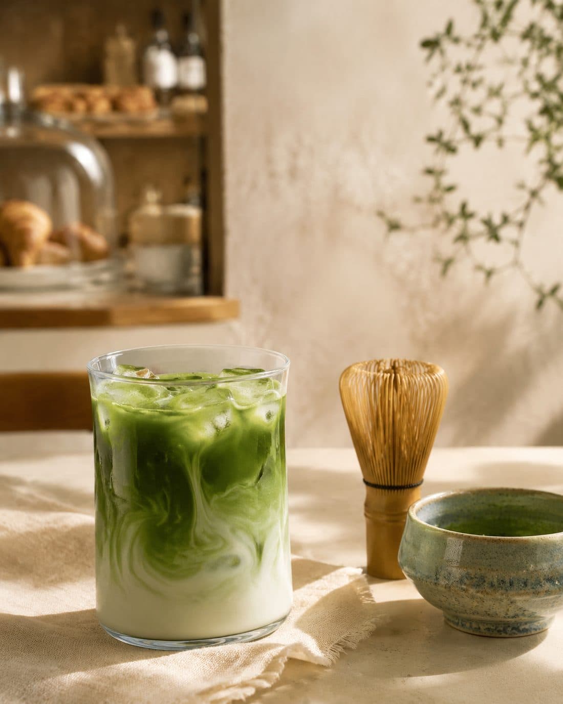 An iced matcha beside a bamboo whisk and chawan on a linen cloth